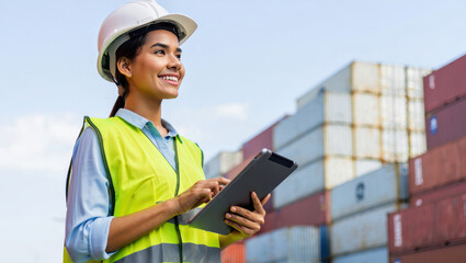Smiling female engineer wearing a safety vest and helmet, using a digital tablet while working in a shipping container yard, focused on her tasks and looking away thoughtfully