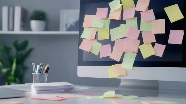 Computer screen is covered with colorful sticky notes. Suggesting a busy and productive work environment in a modern office setting. With additional notes and office supplies scattered on the desk
