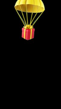 Animation of a falling gift in a package on a yellow parachute, alpha channel