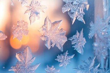 Frost patterns on a window, warm sunset light