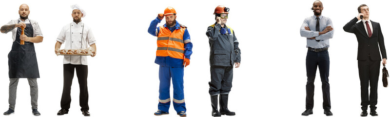 Collage. Group of different men of various professions, such as butcher, chef, builder, miner,...