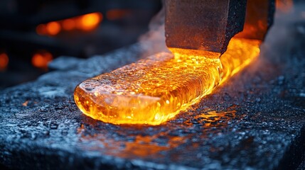 Molten metal being shaped in forging process with vibrant orange glow