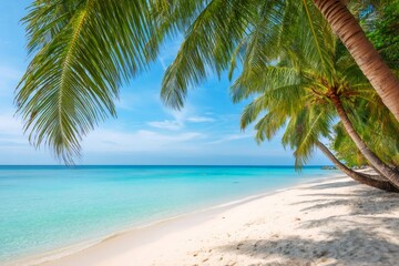 Obraz premium Palm trees creating shade on tropical white sand beach