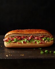 Delicious sandwich close up shot featuring bacon lettuce and scallions on dark surface for food blog