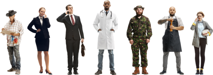 Collage. Group of men and women showing different professions isolated on transparent background. Male and female models like farmer, businesswoman, businessman, doctor, military, butcher.