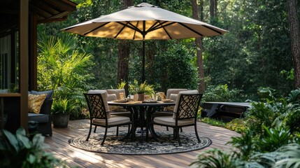 Obraz premium Outdoor dining set on a deck, shaded by an umbrella