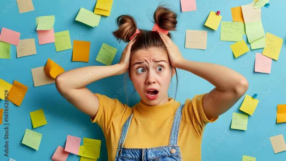 Poster overwhelmed student is having a headache and feeling stressed because of too many tasks and deadline