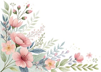 Elegant watercolor floral corner arrangement with pink flowers and foliage elements