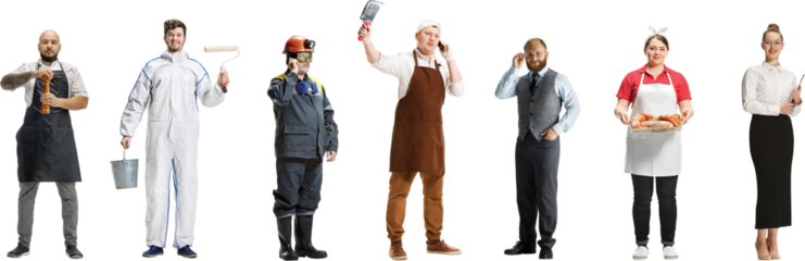 Collage made of various people of different professions isolated on transparent background, horizontal. Male and female workers like butcher, painter, miner, businessman, baker, businesswoman