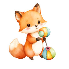 Fototapeta premium Adorable fox playing enchanted forest watercolor art whimsical close-up kawaii concept