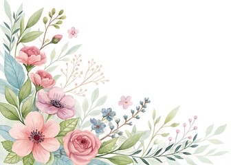 Watercolor Floral Arrangement with Roses, Leaves, and Delicate Details for Invitations