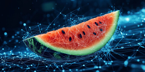 Minimalist abstract image of a slice of watermelon created from a network of bright blue nodes and lines