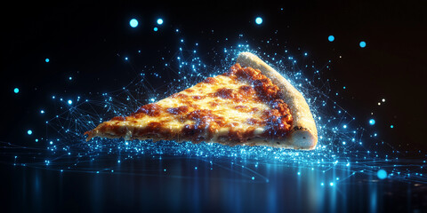 Minimalist abstract image of a slice of pizza created from a network of glowing blue nodes and lines, conveying advanced ideas, technology and connectivity