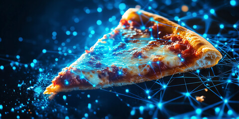 Minimalist abstract image of a slice of pizza created from a network of glowing blue nodes and lines, conveying advanced ideas, technology and connectivity
