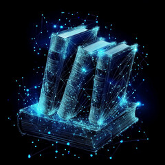 Minimalist abstract image of an open book created from a network of glowing blue nodes and lines, conveying advanced ideas, technology and connectivity