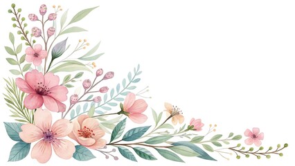 Watercolor floral arrangement of pink flowers and green leaves corner design art