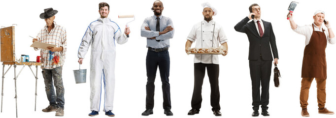 Collage. Group of people of different professions isolated on transparent background, horizontal. Men as painter, businessman, chef, butcher. Banner. Concept of occupation