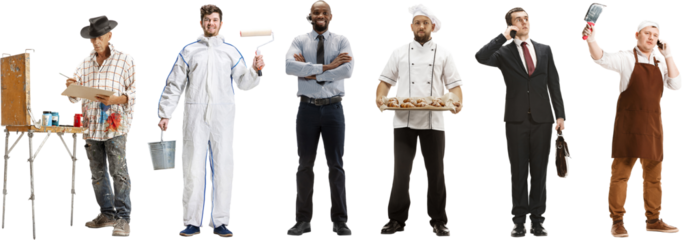 Collage. Group of people of different professions isolated on transparent background, horizontal. Men as painter, businessman, chef, butcher. Banner. Concept of occupation