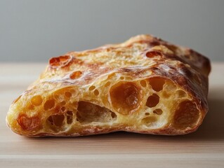Close up of a slice of sourdough bread showing the open crumb structure on a wooden board studio shot
