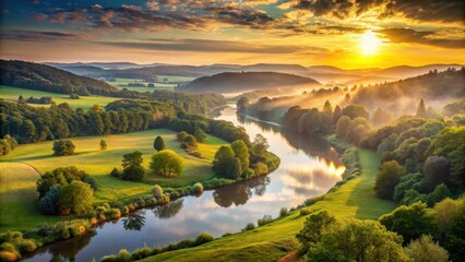 Fototapeta premium Soft golden light illuminates a serene sunrise over a tranquil river valley surrounded by lush green trees and rolling hills, creating a peaceful atmosphere , natural scenery, serene