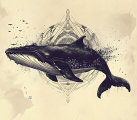 Modern gothic animal style poster with whale , The animal is set against a background of abstract forms and highly detailed of creative idea .
