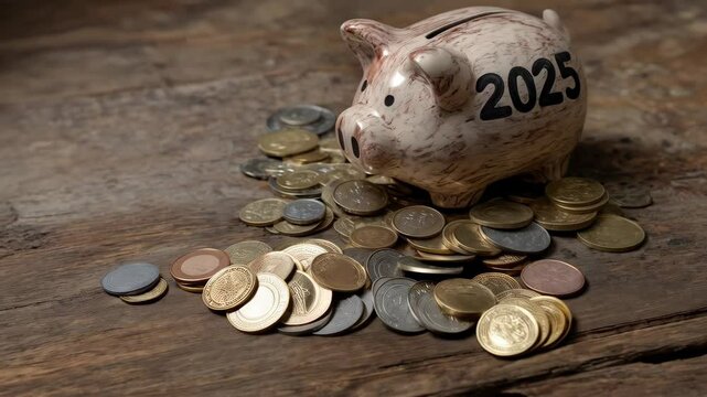 Ceramic piggy bank labeled 2025 on a rustic wooden surface surrounded by a scattering of various denomination coins symbolizing future financial planning.
