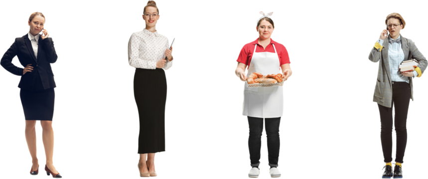 Collage. Group of women of different professions isolated on transparent background, horizontal. Female models like businesswoman, baker, teacher. Concept of occupation, employment