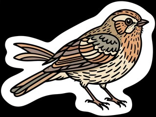 Bird drawing sticker format earthy color wren perched left black background suitable for logo merchandise cards handcraft projects or rustic-themed digital branding asset