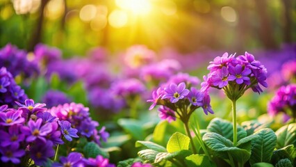 Obraz premium Vibrant violet flowers in a lush green garden with soft focus and warm sunlight filtering through the leaves , spring, beautiful violet flower
