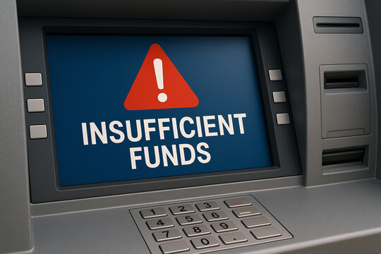 An ATM displaying an 'Insufficient Funds' alert, illustrating the importance of managing finances and monitoring bank account balances effectively.