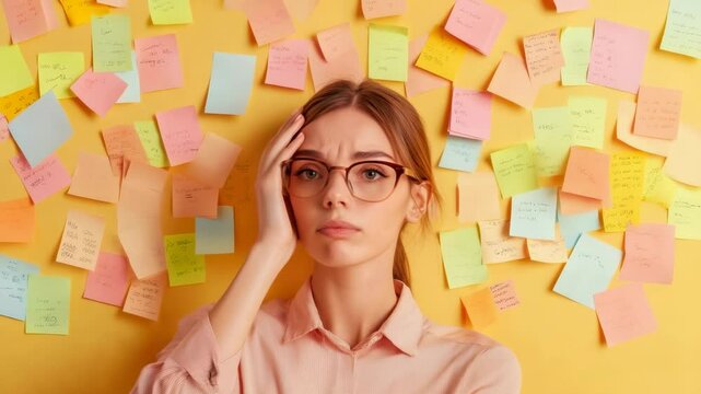 Fatigued female professional massaging temples, experiencing work related stress, positioned against vibrant yellow workspace backdrop with scattered colorful notes