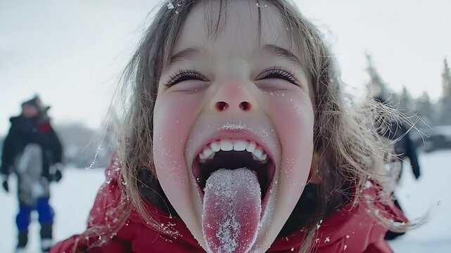 Child's face with tongue sticking out in snow