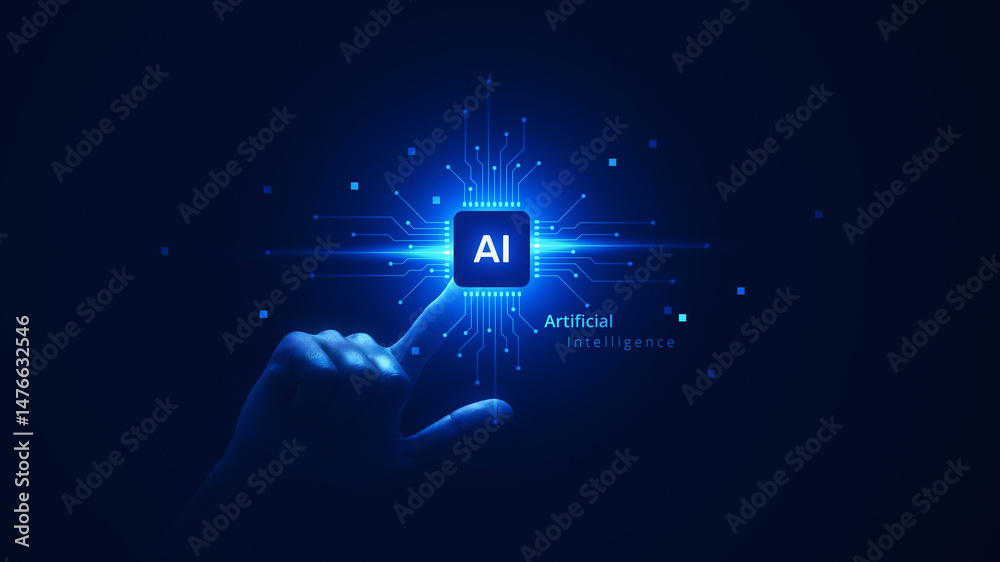 Poster ai artificial intelligence technology with digital touch data chip and computer innovation.