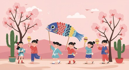 Children Celebrating with Fish Kite and Maracas Illustration