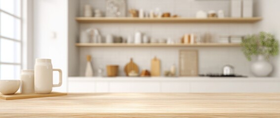 Blurred kitchen interior with an empty countertop for product display, a blurred background of a modern white and wooden kitchen interior on the wall