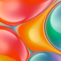 Abstract 3D geometric iridescent holographic background with metal chrome surface with multicolored sheen, vibrant orange, blue, red, turquoise, green shade, reflective glass shape with colored stains