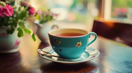 A cup of tea with tea leaves and a green sprig.