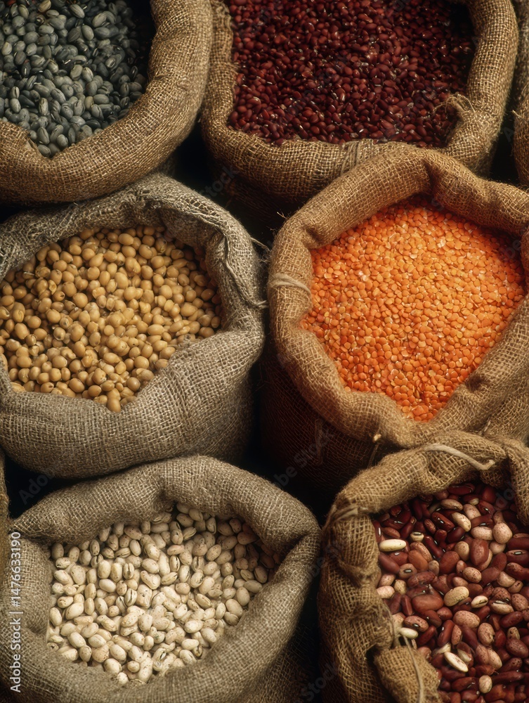 Aufkleber close-up view of various grains and legumes in burlap sacks against a white background showcasing na