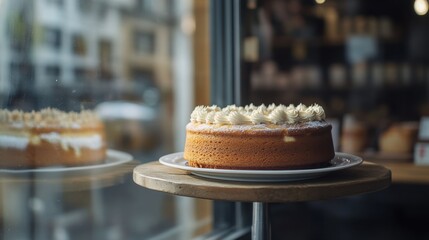 Naklejka premium A layered cake with cream and raspberries on a plate, seen through a window.
