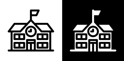 School Building Icon with Clock and Flag - Education Institution