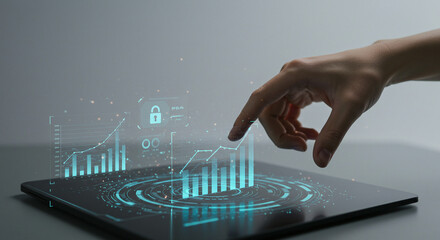 Hand interacts with digital graph on tablet, displaying secure data analytics and financial growth. Modern tech for business insights.