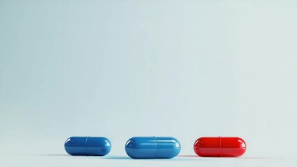 Red blue pills falling and landing on white surface animation video. Glossy capsules dropping and bouncing animated footage clip seamless HD motion graphics. Pharmaceuticals concept - Powered by Adobe
