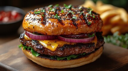 Juicy gourmet burger with sauteed onions and mushroom topping