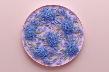 Delicate arrangement of pastel blue flowers on a pink plate.