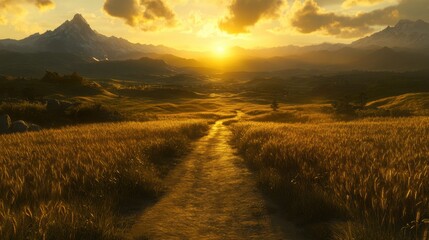 Fototapeta premium Golden Hour Wheat Field Path Leading to Distant Mountains Landscape Scenic View at Sunset Warm Light