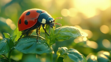 Ladybug on green leaves