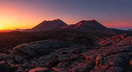 Ethereal volcanic landscape at sunset with vibrant skies casting warm hues