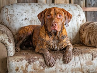 Muddy brown labrador retriever dog lying on dirty sofa looking at camera indoors close up eye level shot