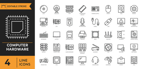 Computer hardware line icon set.Contain icons related to pc, laptop, computer hardware component, and more. Editable stroke. Vector illustration