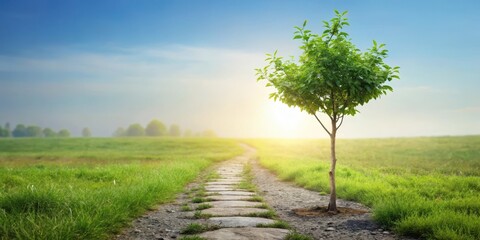 A young sapling standing alone in a field with a worn stone path leading up to it , plant, isolated,  plant, isolated